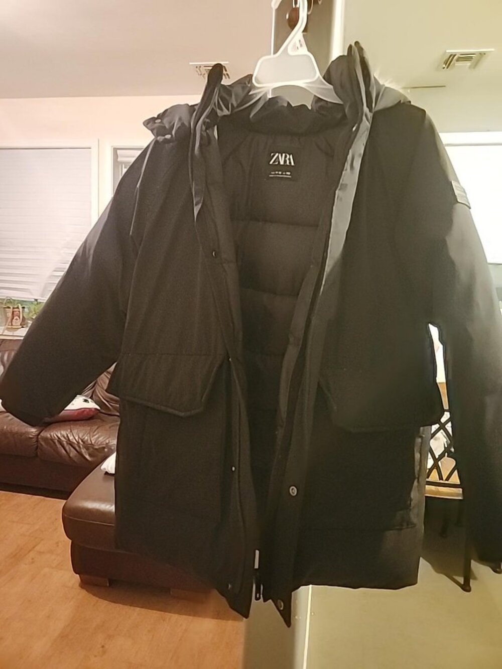 ZARA boys Black Hooded Puffer Winter Coat Faux Fur Trim Size 11-12 / 152